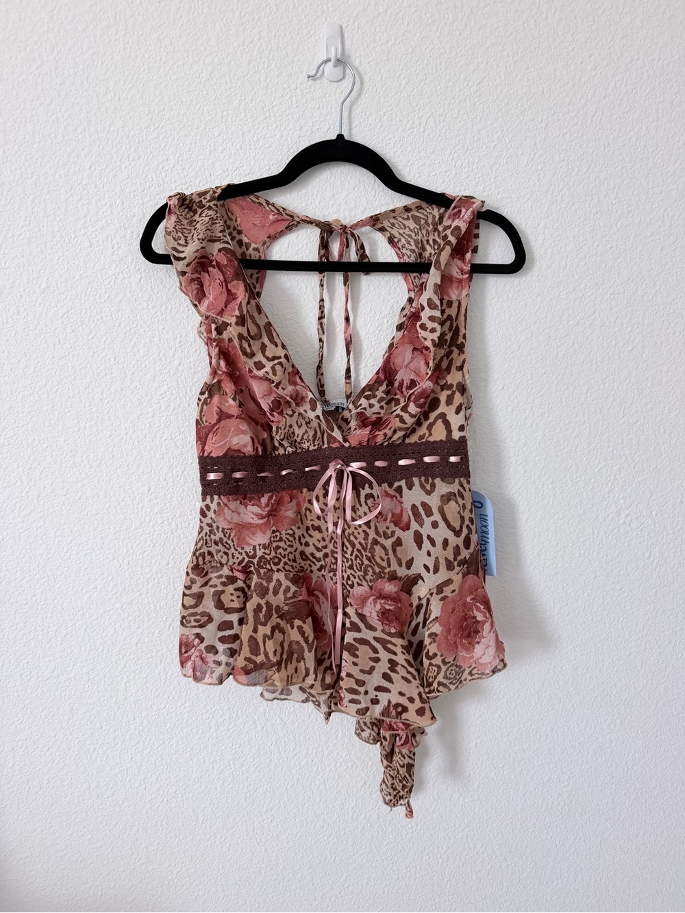 Velvet Pink Floral Leopard Ruffle Tie-Back Camisole